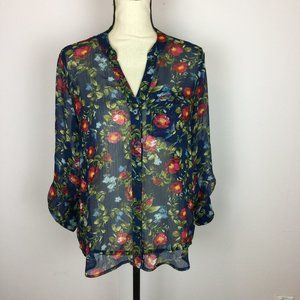 Kut From the Kloth Button Down Shirt MP Woman Petite Blue Floral Roll Tab Sleeve